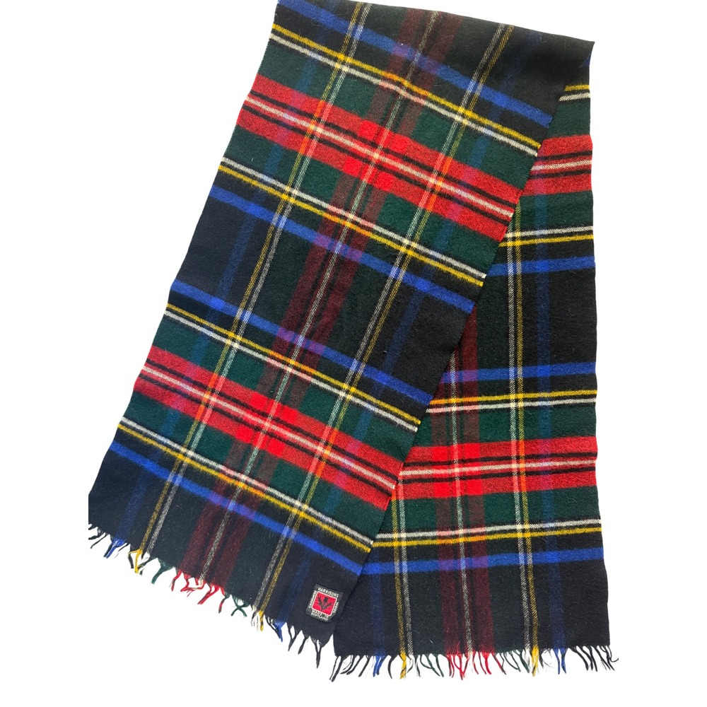Harrisons Scotland CashmereWool Scarf Black Red Green Tartan Plaid Fringed 68x12